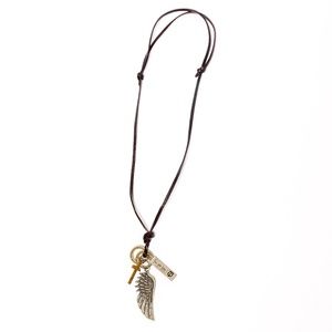 Leather Necklace with Wing and Cross Pendant